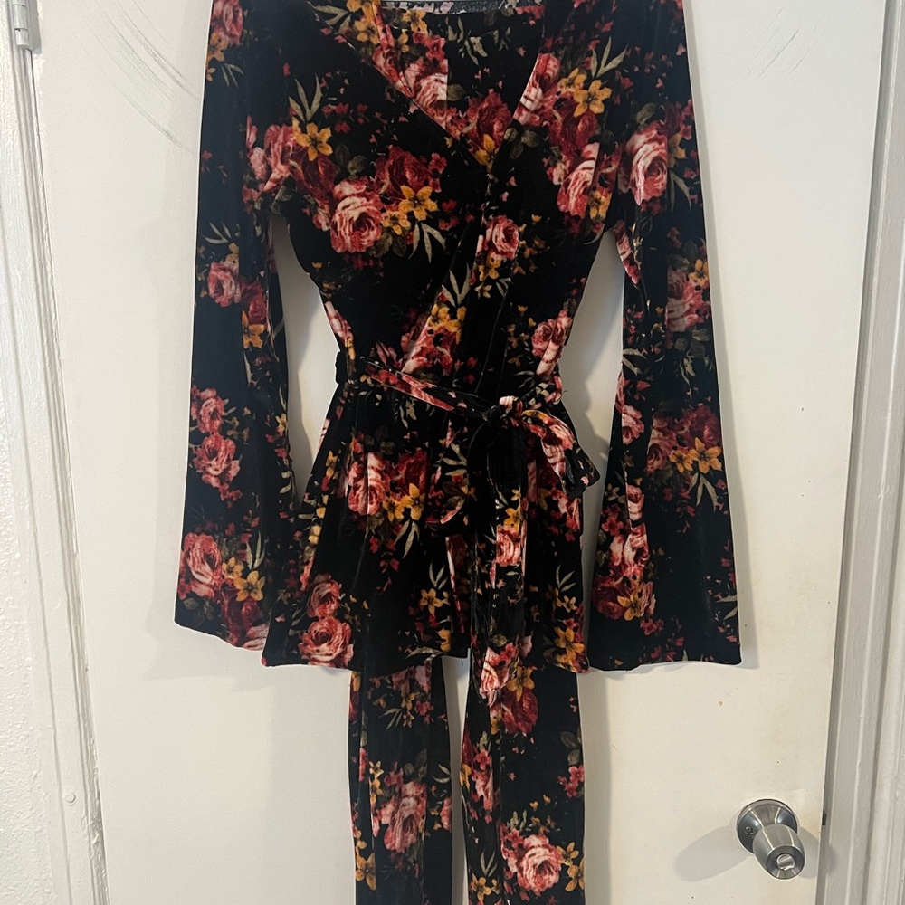 Floral Velvet Wrap Jumpsuit